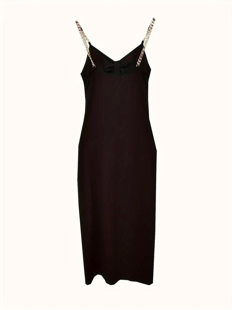 Product Introduction of Women's Chain Decor Cut Out Ruched Split Thigh Cami Dress, Solid Sleeveless Spaghetti Strap Long Dress for Party Club Dating Wear, Ladies Summer Clothes, Sun Dresses, Dresses for Women, Summer Dresses, Holiday Dresses 7
