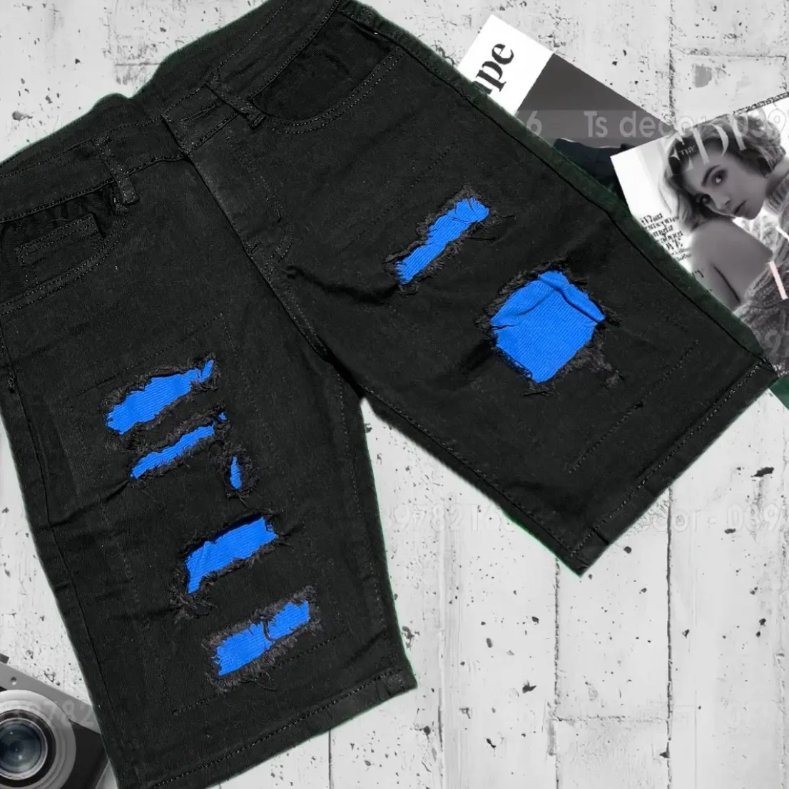 Quần short jean nam rách gối kèm lót màu