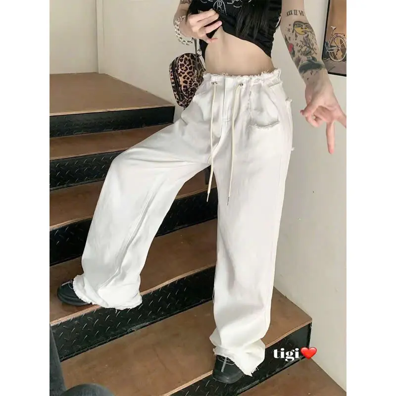 Quần Jeans Nữ Suông Trắng Tua Rua Có Dây Rút Phong Cách Năng Động [SML] - Pants