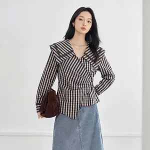 FADFAD Atasan kemeja lengan panjang kotak-kotak manis untuk wanita