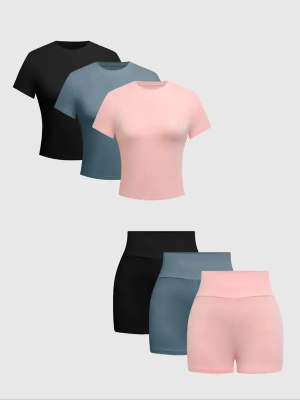 Women's Solid Round Neck Tee & Skinny Shorts Set, Casual Short Sleeve T-shirt & Short Leggings, Ladies Summer Clothes, Matching Set 3