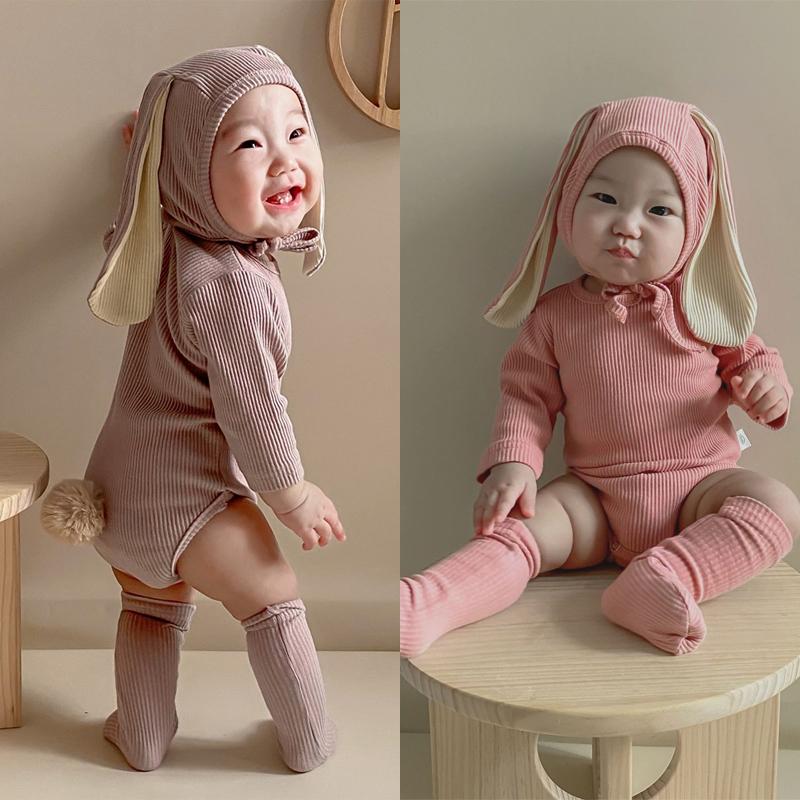 Áo Liền Quần Có Tai Thỏ Cho Bé, Mũ + Romper + Tất, Áo Liền Quần Dài Tay Cho Bé Trai Và Bé Gái Sơ Sinh, Bộ Quần Áo Dễ Thương, Mùa Xuân 2021