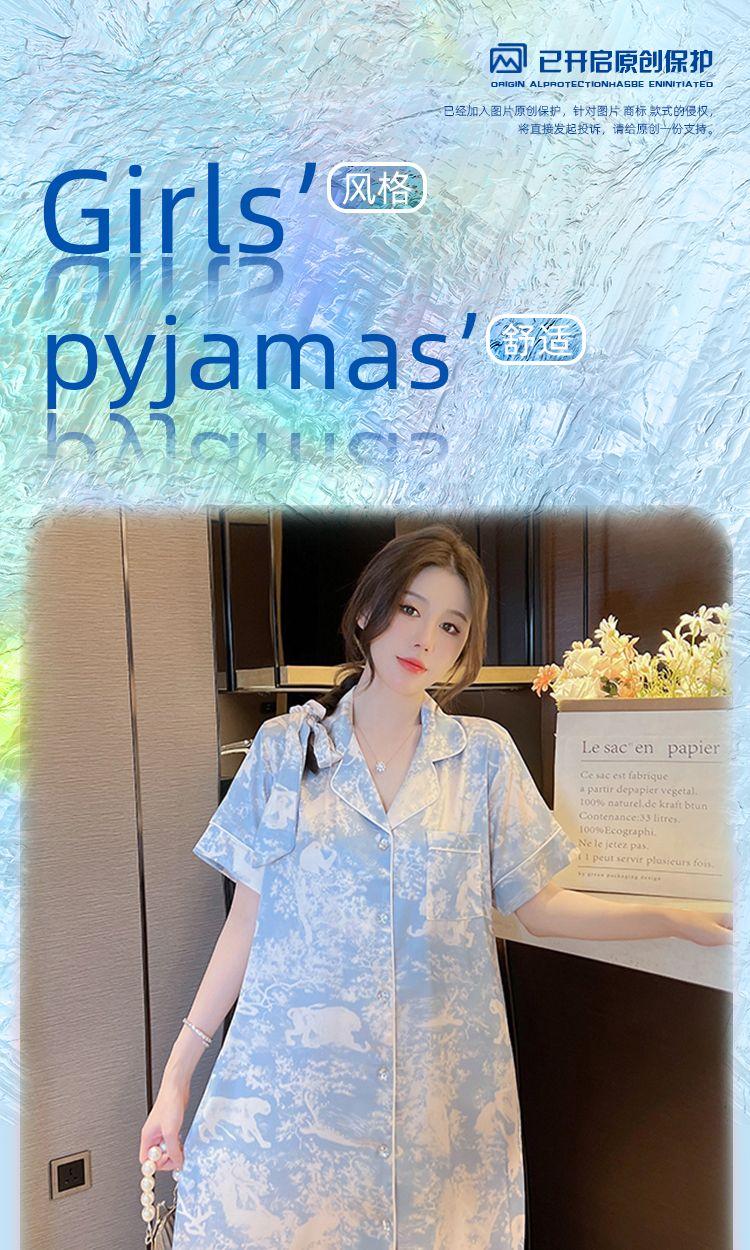 Product Introduction of Ice Silk Nightdress for Women Long Dress Summer 2025 New Ins Style High-Value Jungle Print Shirt Pajama Dress 4