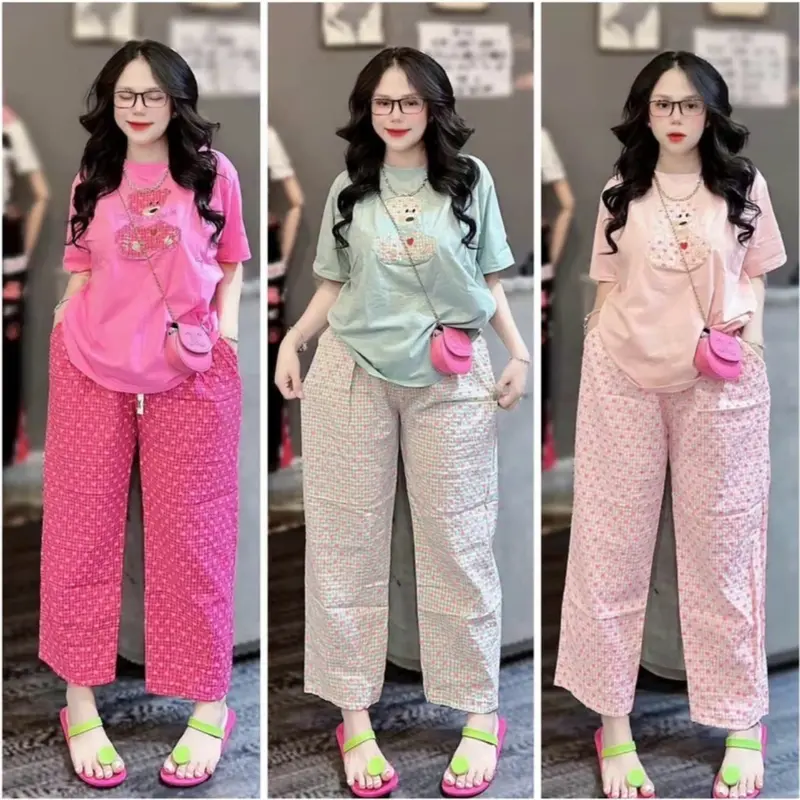 ĐỒ BỘ NỮ, SET BỘ NỮ ÁO COTTON THÊU GẤU PHỐI QUẦN KATE HỌA TIẾT 3 MÀU BIGSIZE 45-85KG Women Top thường setbo 3mon 0