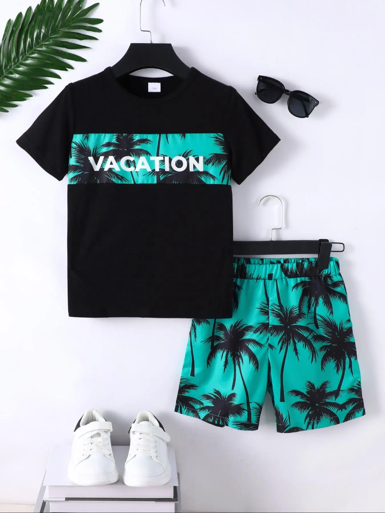 Two-piece Set Boy's Letter Print Tee & Tree Print Shorts Set, Casual Short Sleeve T-shirt & Shorts, Summer Vacation Outfits Clothes for Kids