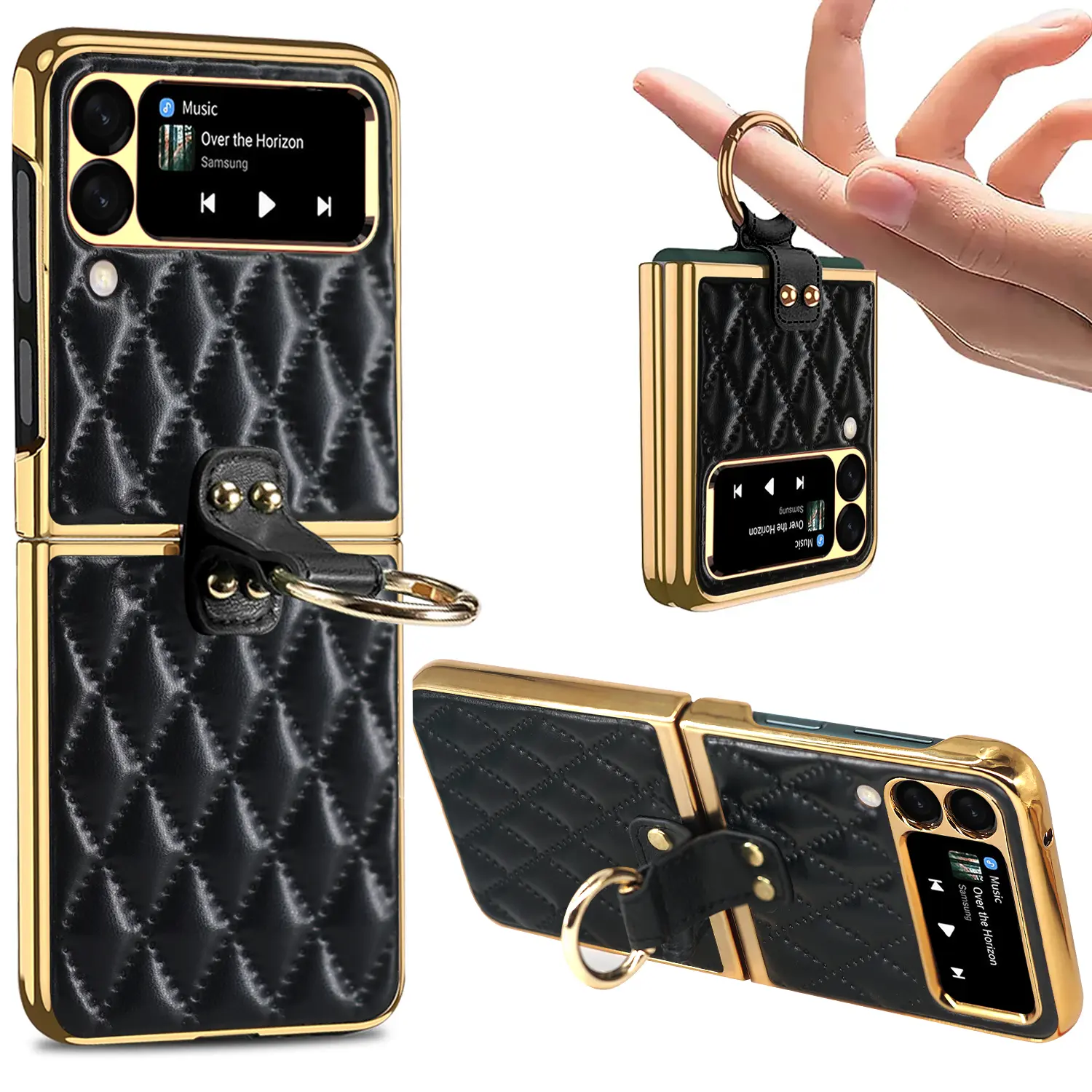 Sarung Telefon, Bingkai Plat Elektronik Kulit PU Mewah, Sarung PC Keras, Untuk Samsung Galaxy Z Flip 5 / 4 / 3, dengan Pemegang Cincin, Pelindung Skrin