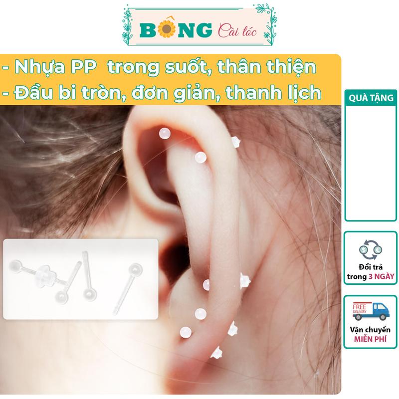 Set kèm hộp bông tai nhựa đầu bi trong suốt giữ lỗ, không gây kích ứng BT190 - khuyên nhựa trong suốt BÔNG Cài Tóc