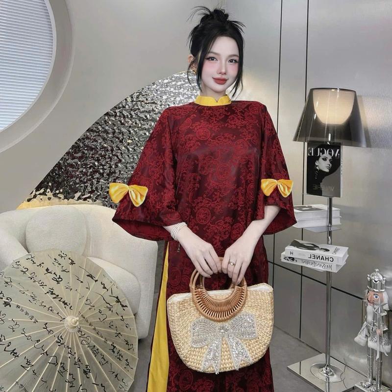 Áo Dài Nữ Thiết Kế EMME V1997 Form Suông Cổ Đứng Tay Loe Đính Nơ Nhung Cách Điệu [ Kèm Quần Lụa ] 6