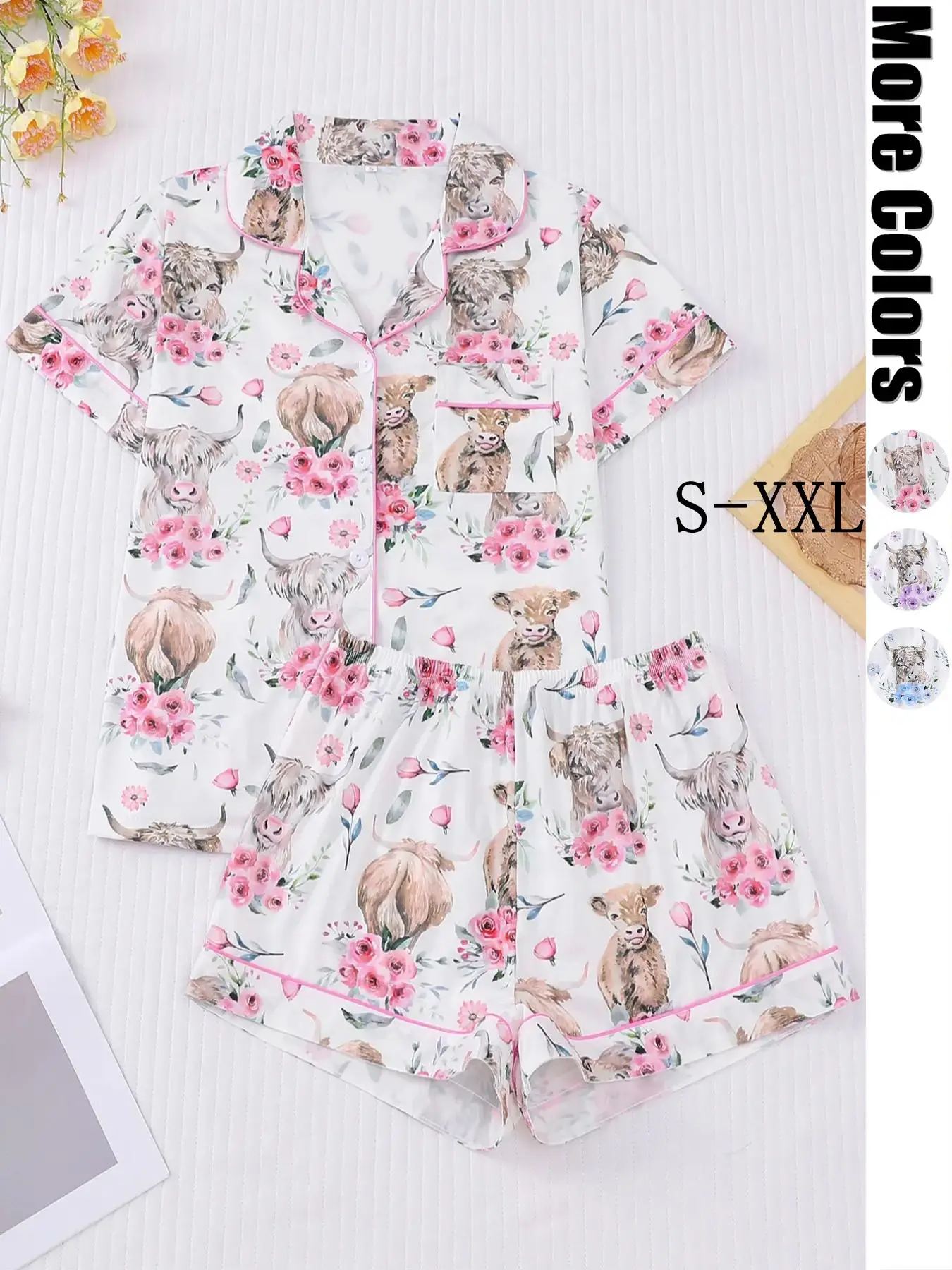 Women's All Over Cow Print Contrast Trim Shirt & Elastic Waist Shorts Pajama Two-piece Set, Casual Comfy Short Sleeve Collared Top & Shorts PJ Set, Ladies Sleepwear for All Seasons