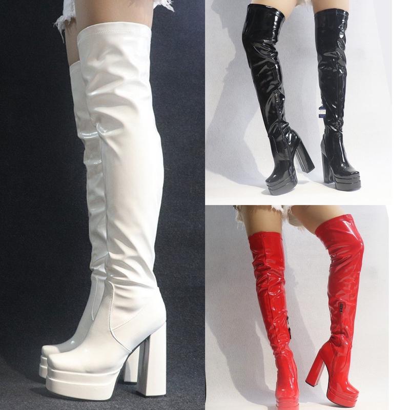 Giày bốt đùi DA BÓNG GÓT VUÔNG 14cm mũi vuông màu đen, đỏ, trắng BNCC16 Nữ Boot Shoes Cổ Cao