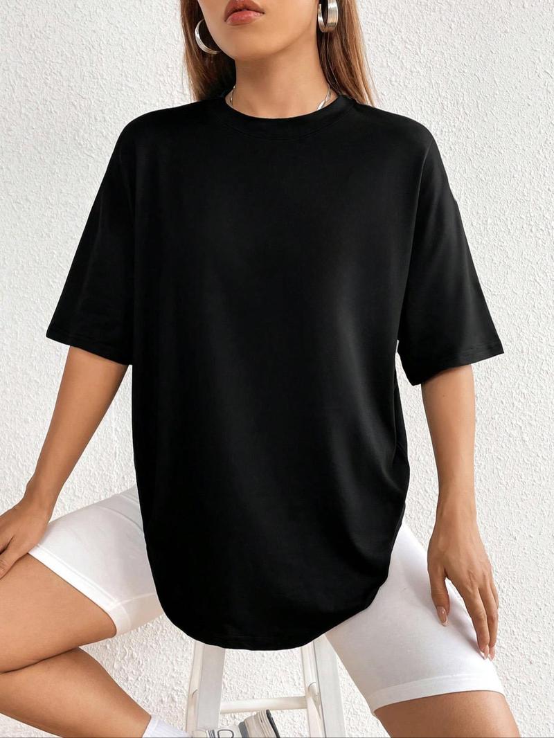 Product Introduction of Women's Plain / Letter Print Drop Shoulder Tee, Casual Comfy Graphic Print Half Sleeve Round Neck T-Shirt for Summer, Fashion Simple Women's Top for Daily Wear, Clothing 8