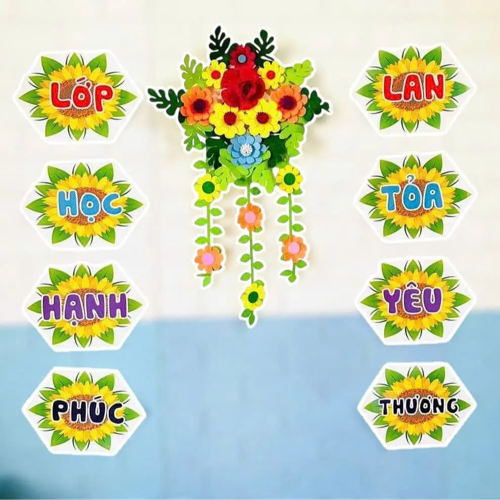 Khẩu hiểu trang trí lớp học hạnh phúc, lan tỏa yêu thương A4 ép plastic sẵn băng keo dán tường - Decor Xốp