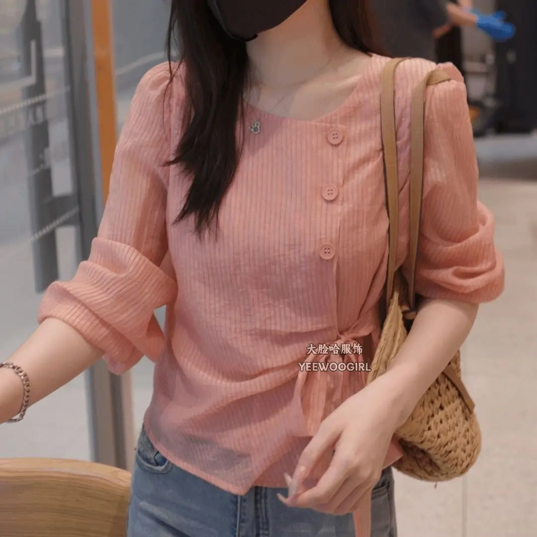Áo Sơ Mi Tay Áo Phồng Xếp Ly Cà Vạt Bất Đối Xứng Dành Cho Nữ, Bộ Sưu Tập Mùa Xuân Và Mùa Thu, Hàng Mới Về, Áo Cardigan Có Ve Áo Nút Chéo Họa Tiết Áo Hợp Xu hướng