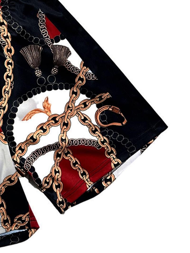 Product Introduction of Women's Patchwork Chain Print Two-Piece Set, Fashion Short Sleeve T-Shirt & Pocket Shorts, Ladies Outfits for All Seasons, Womenswear, Shortsleeve 11