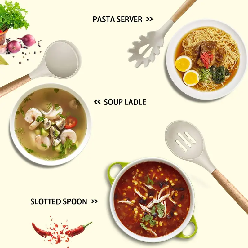 Wooden Handle Silicone Kitchenware Set, 12pcs/set Non-stick Cooking Utensils Set, Kitchen Cooking Utensils Set, Household Kitchen Products 5