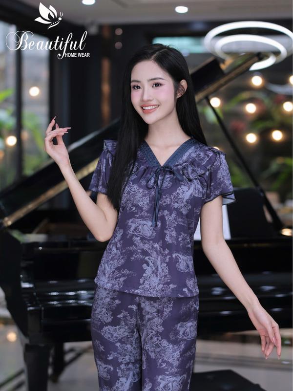 Đồ bộ nữ mặc nhà Y675C Lụa satin quần lửng XANH THAN cổ V tết