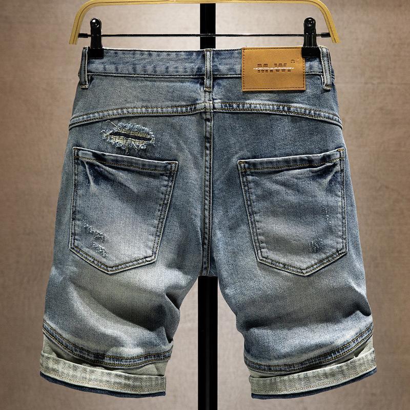 Quần Short Denim, Thương Hiệu Thời Trang Nam, Rách, Vá Ăn Xin Pu Shuai, Khâu Đàn Hồi, Quần Ống Túm, Mỏng Mùa Hè, Quần Short Thẳng 1