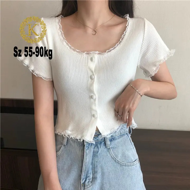 Áo croptop bigsize 55-90kg KimFashion cổ tròn nút phối ren AT08-T