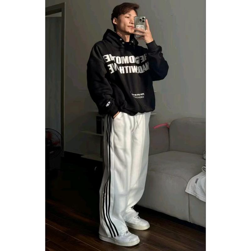   DEAL MỞ BÁN  Quần Nỉ Ống Suông Nam Nữ 3 Sọc Form Rộng Unisex Chất Liệu Nỉ 2 Da Không Nhăn Không Xù Menswear Ong Voi Pants Đen 