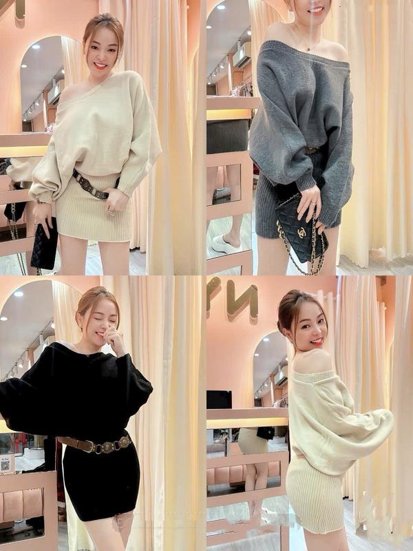 Váy Len Lệch Vai Kèm Đai,Phong Cách Stye Trẻ Trung,Hàng QC 3 Màu Freesize Dưới 60kg.Huyền Thanh Shop