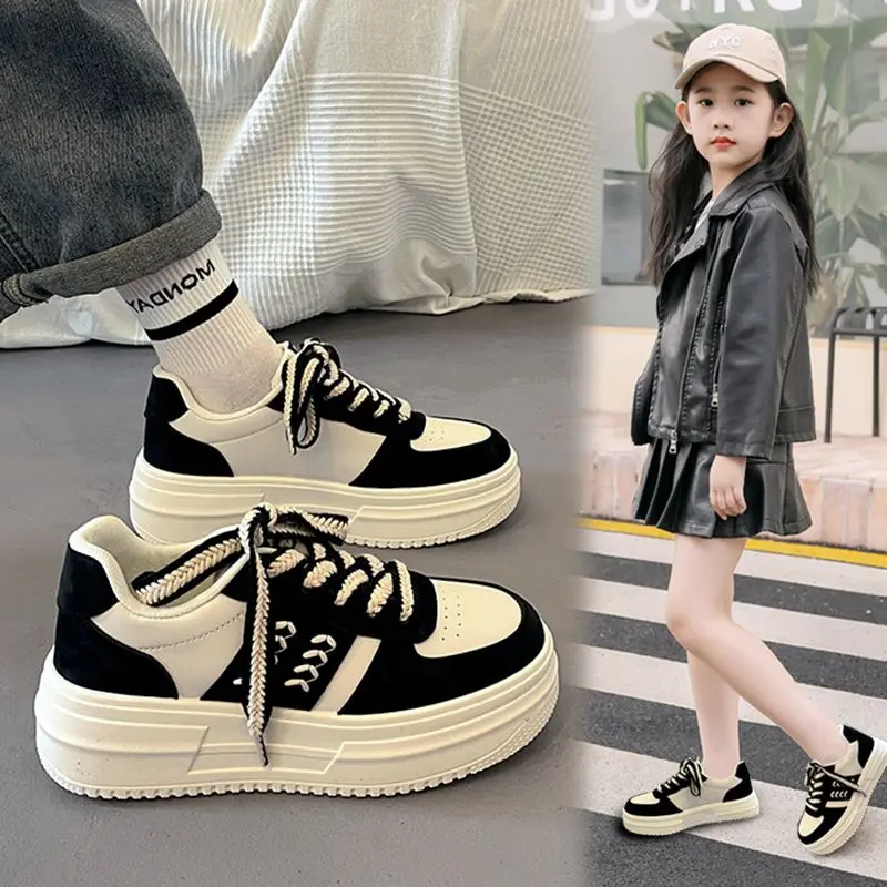2024 Special Clearance Girls' Shoes 2024 Spring and Autumn New Children's Sneaker Medium and Big Children's White Shoes Soft Bottom Skateboard Shoes HK