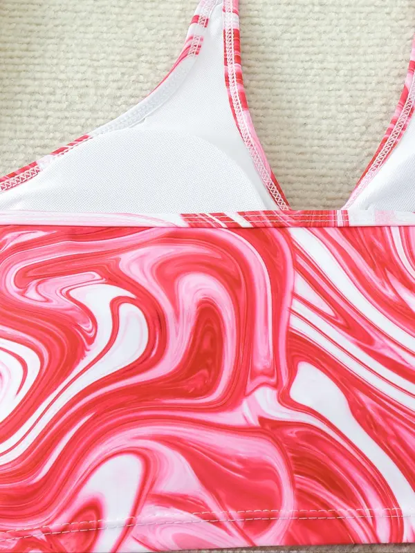 Women's Marble Print Tankini Set, Casual Sleeveless Swim Top & Swim Bottom & Cover Up Skirt Set, Ladies Swimsuit for Beach Holiday Vacation 6