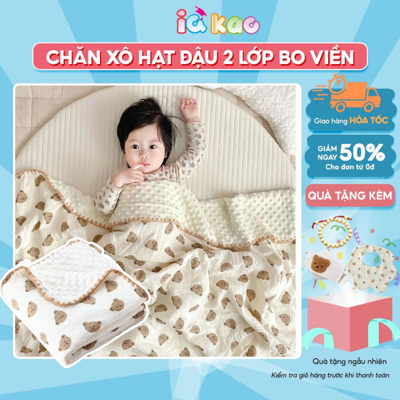 Chăn xô hạt đậu 2 lớp bo viền cao cấp, chăn quấn đắp chất liệu xô muslin kết hợp vải nhung bi siêu mềm mại cho bé IQ Kao