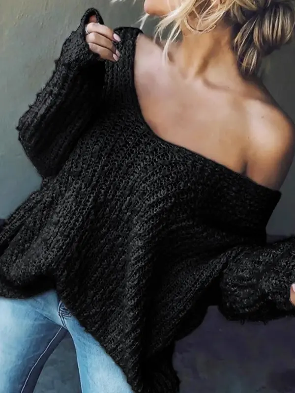 Women's Plain Drop Shoulder V Neck Sweater, Casual Trendy Long Sleeve Jumper for Spring & Fall, Fashion Women's Knitwear for Daily Wear, Womenswear, Tops 3