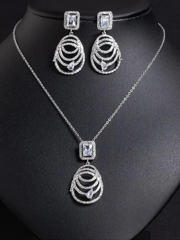 Vintage Elegant Style Jewelry Set, Fashion Artificial Zircon Decor Necklace & Dangle Earrings, Trendy All-match & Exquisite Jewelry Set for Birthday Gift 2