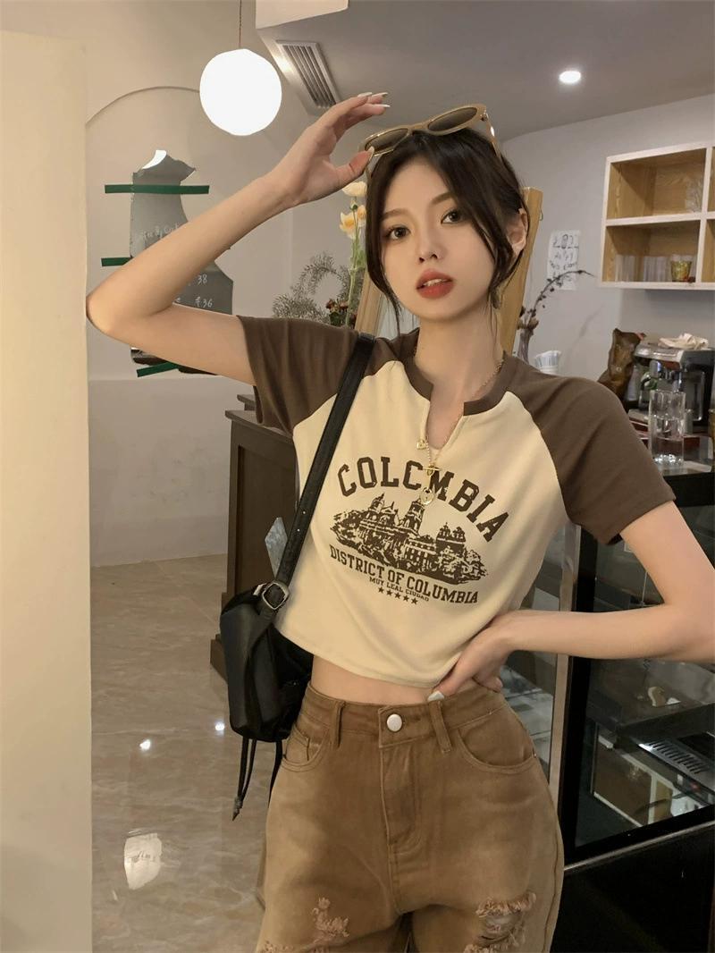 Product Introduction of Trendy V-Neck Short Sleeve T-Shirt for Women Spring Summer 25 Styles Sweet and Spicy American Retro Design Short Student Top Fashion 7