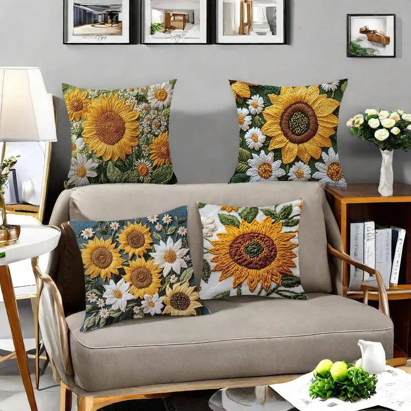 Sunflower & Daisy Pattern Cushion Cover, 4 Counts/set Floral Pattern Cushion Cover without Filler, Household Decoration Supplies for Home Living Room Bedroom 4