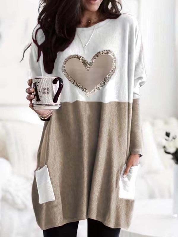 Plus Size Women's Heart & Patchwork Print Drop Shoulder Dress, Casual Round Neck Pocket Longline Tee, Women's Plus Clothing for Fall & Winter 0