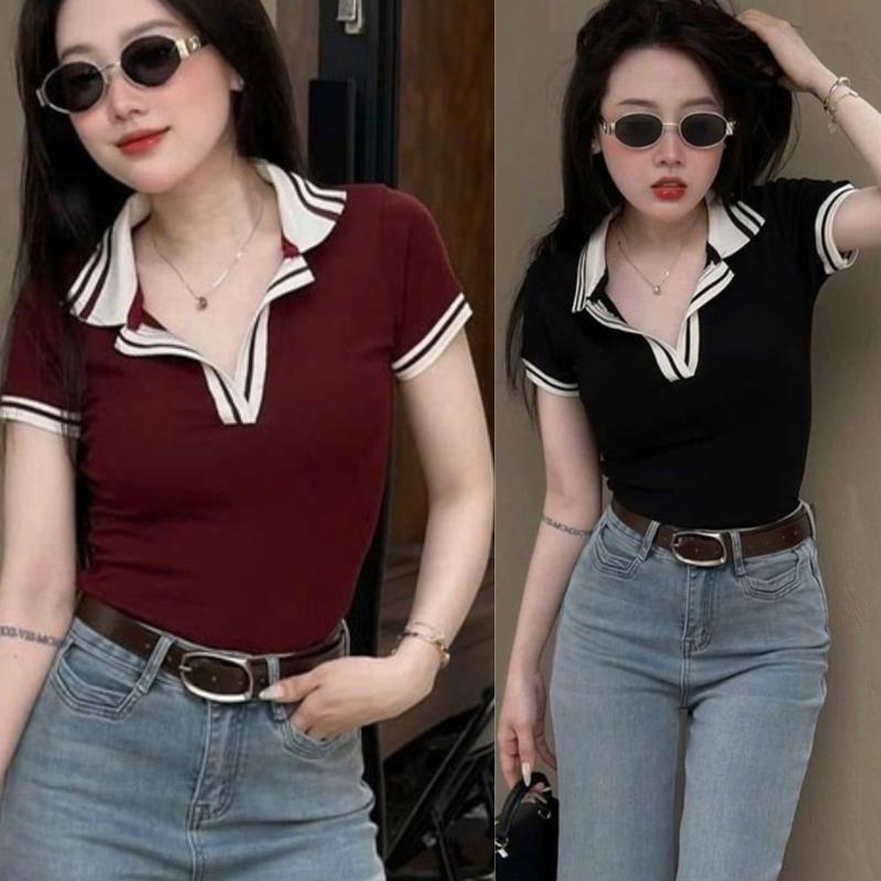 Áo Thun Nữ vải thun borip co giãn 4 chiều Bigsize áo kiểu polo cổ trụ LIMO Áo Phong Nữ Bigsize ngắn tay Cổ V Body Dễ Thương Xinh MS371 Top áo women