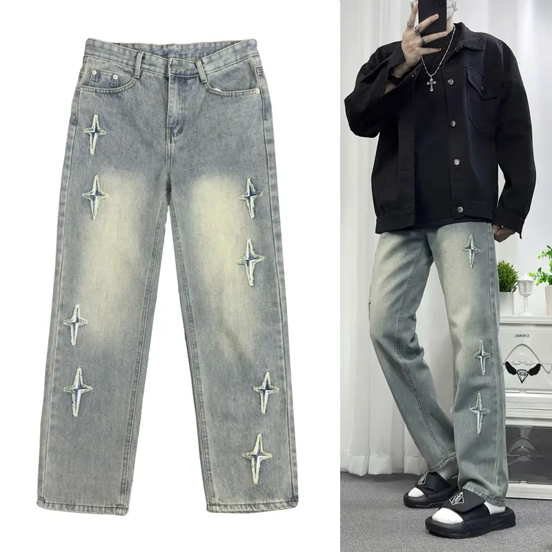 Quần Jean Nam Nữ form suông, ống đứng ống rộng Có Túi 8 sao 4 cánh may mắn Menswear Pants Ong rộng 3