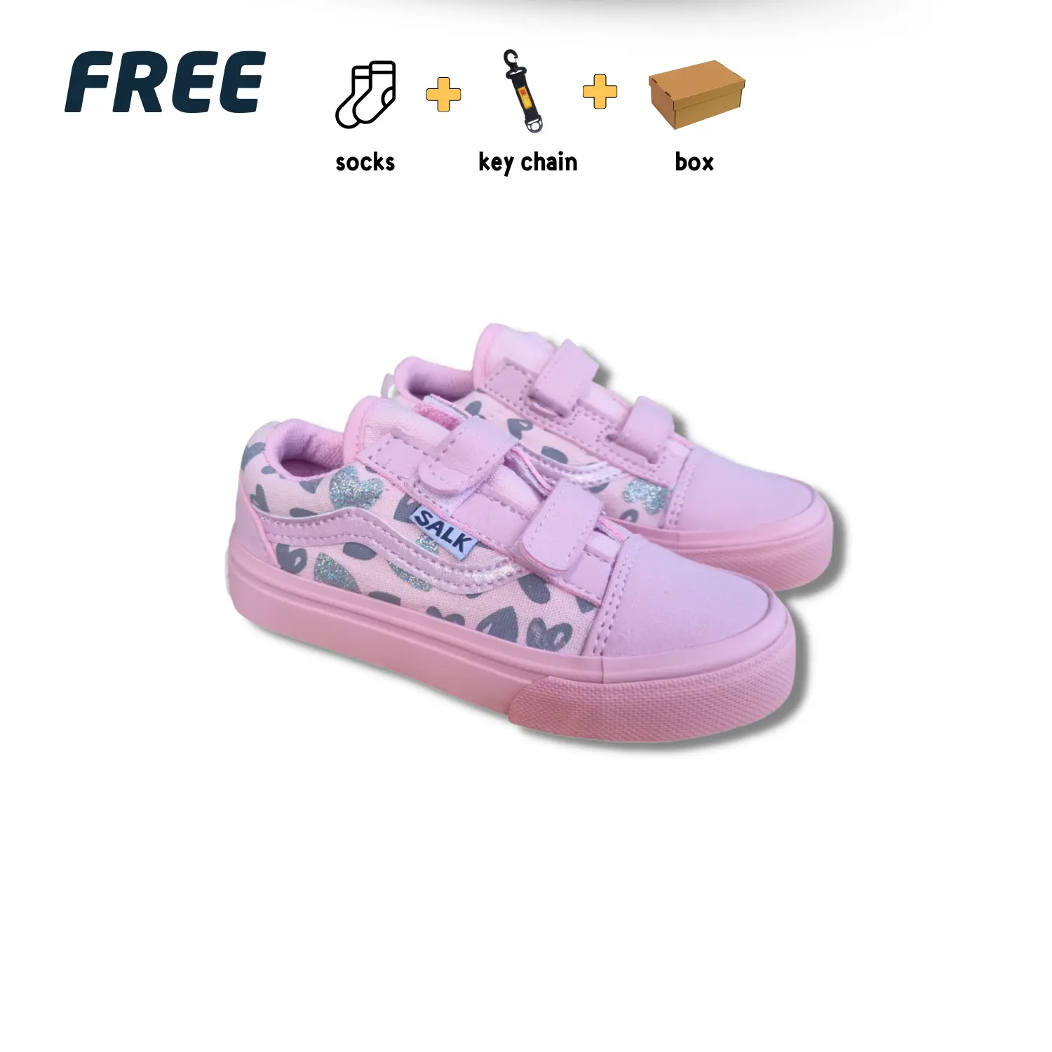 Sepatu sneakers anak sekolah perempuan love pink perekat usia 1-9 tahun Anak-Anak