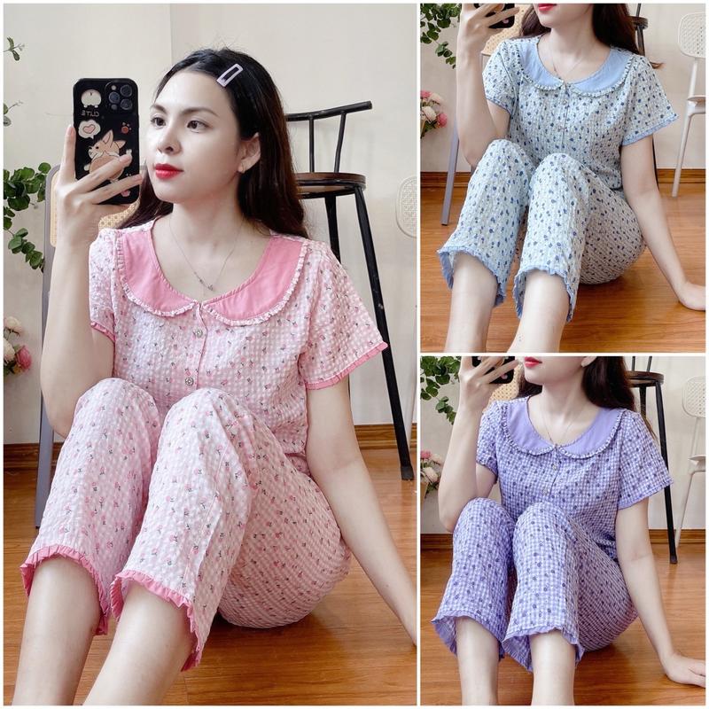 (Châu Jolie)Bộ mặc nhà chất thô xốp mềm kẻ hoa nhí cổ sen bèo tay bèo 5 khuy.