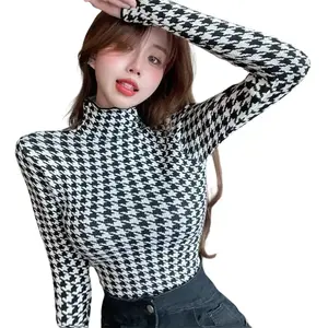 Atasan Wanita Houndstooth Rib Knit Longsleeve Style Slim Fit
