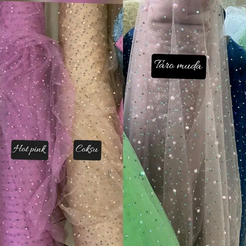 Kain Tile Swarovski Mutiara Payet - Tile Swarovski Premium / Kain Tile Meteran Mewah /Soft Tulle Mutiara Payet Diamond Swaroski/ Kain Tule Tile Brukat Brokat Mewah 6