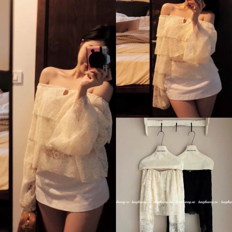  ￼Áo trễ vai đính nơ đá hoạ tiết chất ren hoa mịn mát mặc bốn mùa  Áo trễ vai babydoll thiết kế ren tầng croptop tiểu thư siêu xinh 