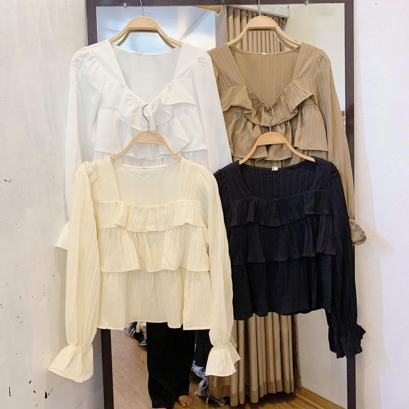 Áo sơ mi nữ babydoll bánh bèo cổ vuông dài tay 3 tầng dáng crotop tiểu thư
