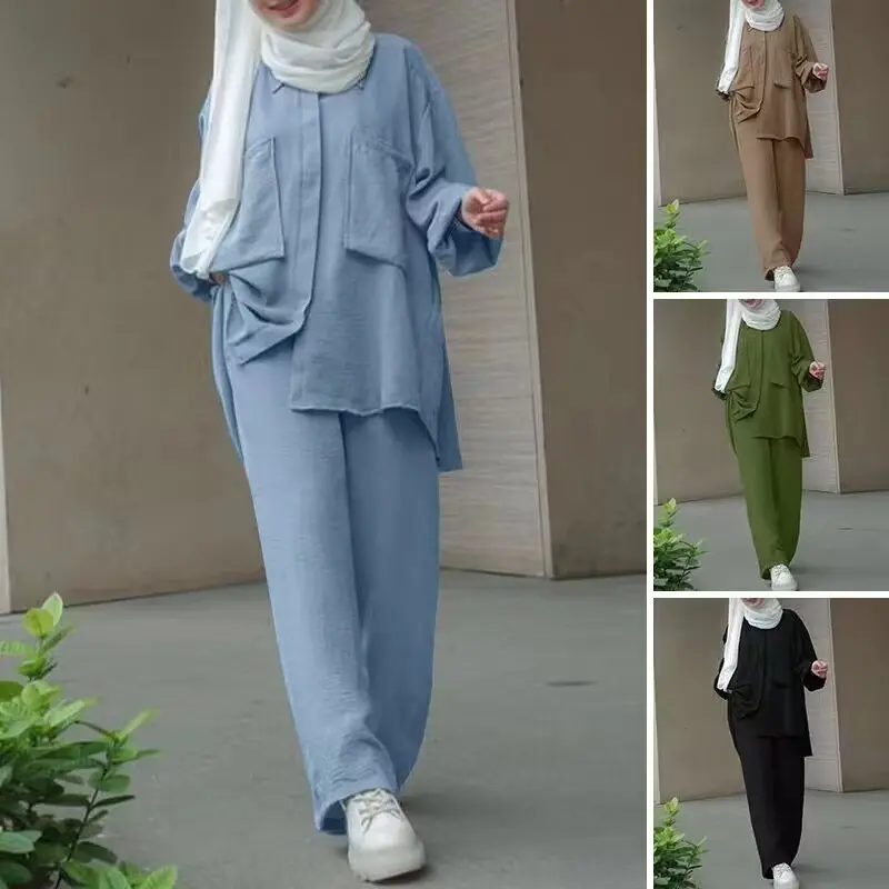 2025 New Muslim plus Size Long Sleeve Patch Pocket Hidden Placket Dyed Buckle Elastic Waist Trousers Shirt Outfit