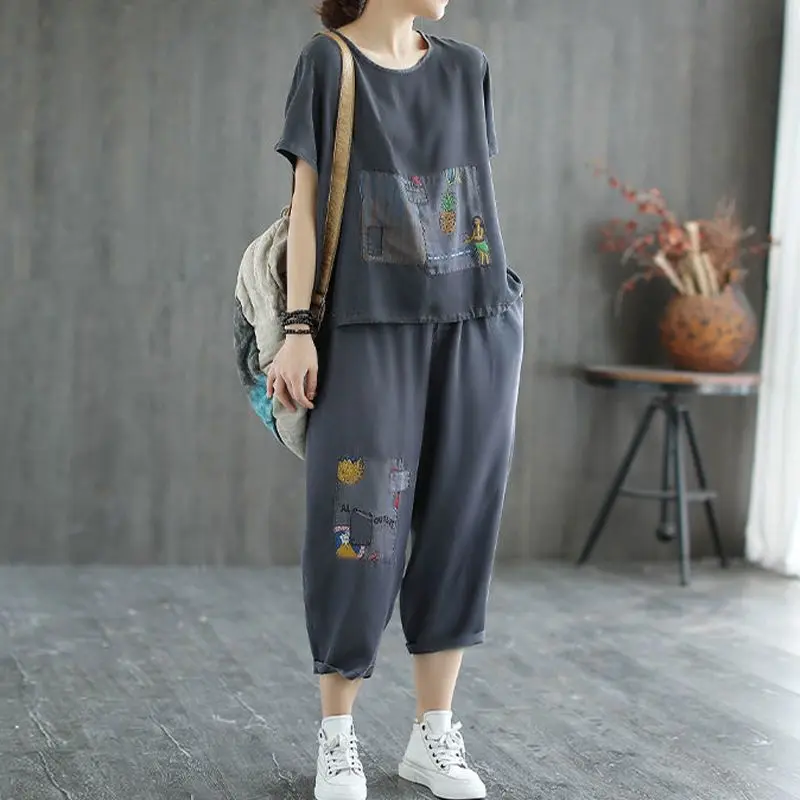 Bộ Đồ Đơn / Bộ Đồ Cotton Nguyên Chất Bộ Đồ Hai Mảnh Dáng Rộng Thường Ngày Áo Phông In Hình Cổ Điển Nghệ Thuật Cỡ Lớn Cho Nữ, Hàng Mới Về Mùa Hè Women Top
