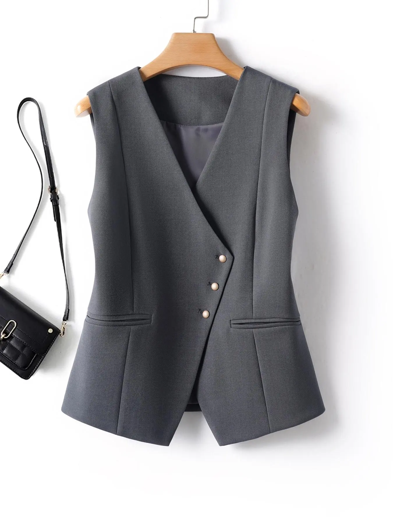 Women's Solid V Neck Blazer Vest, Elegant Fashion Casual Vest for Work Office Business, Ladies Spring & Fall Clothes