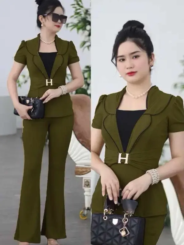 SÉT BỘ QUẦN ỐNG LOE GIẢ VEST ĐÍNH CHỮ H - THU XỐP  - HTL06 Nữ Women Áo Thun Top 0