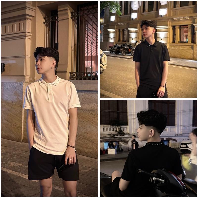 Áo Polo Nam Q.c, Hoạ Tiết Đính Đá Ở Cổ, Chất Liệu Vải Gai Dệt Kim Sợi Nhỏ, Co Dãn 4 Chiều Có Cổ