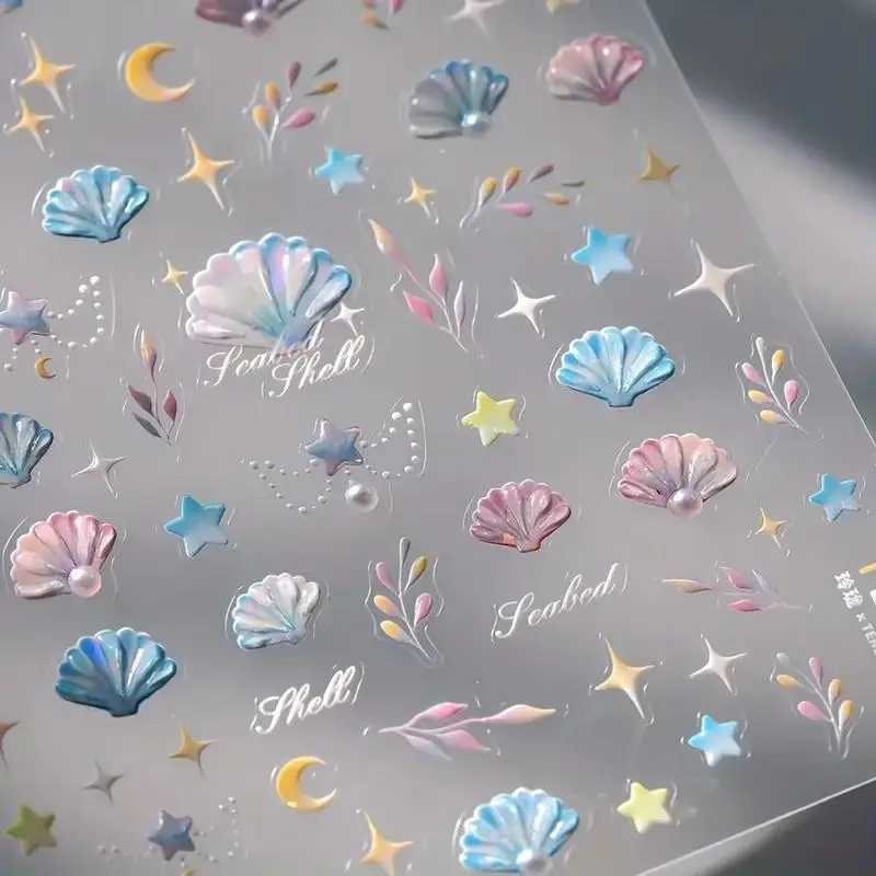 Shell & Star Pattern Nail Art Sticker (1 Sheet), Self Adhesive Nail Decal, DIY Nail Art Decoration for Women & Girls 0
