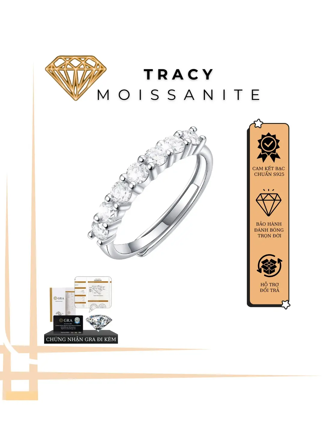 [Nhẫn Đá Moissanite] , Nhẫn Perfection, Khảm 4 Chấu, Bạc s925 si vàng trắng 18k,Sang Trọng, Tinh Tế, Kiểm Đinh GRA, 1CARAT