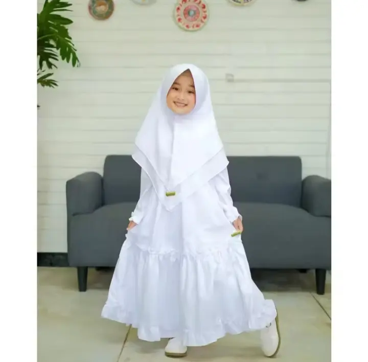 Produk GAMIS ANAK SET HIJAB PEREMPUAN TERBARU  USIA 5-8 TAHUN BAHAN KATUN GAMIS ANAK PEREMPUAN  PLUS KERUDUNG MOTIF RENDA KEKINIAN GAMIS ANAK PUTIH POLOS VARIASI RENDA BORDIR 1