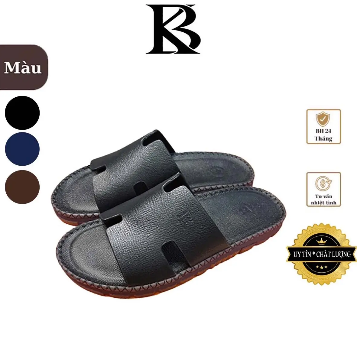 Dép Nam HM019 da bò Epsom đế cao su chế tác thủ công BK | Đế Bằng| Đế  Cao Su chất lượng| lê