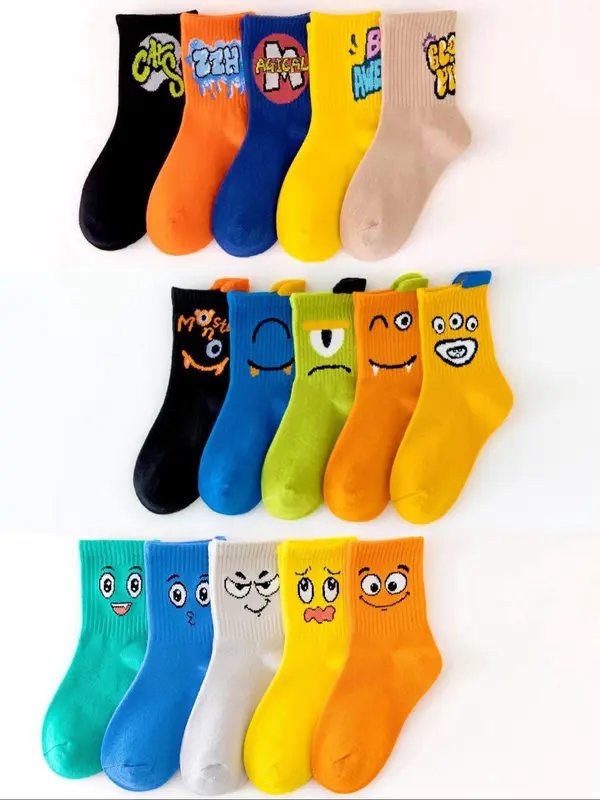 Boys' Cartoon Face & Letter Print Calf Socks, Casual Cute Comfy Breathable Fashion Mid-calf Socks for Daily Wear, Kids Socks for All Seasons, Casual Stylish Socks 2